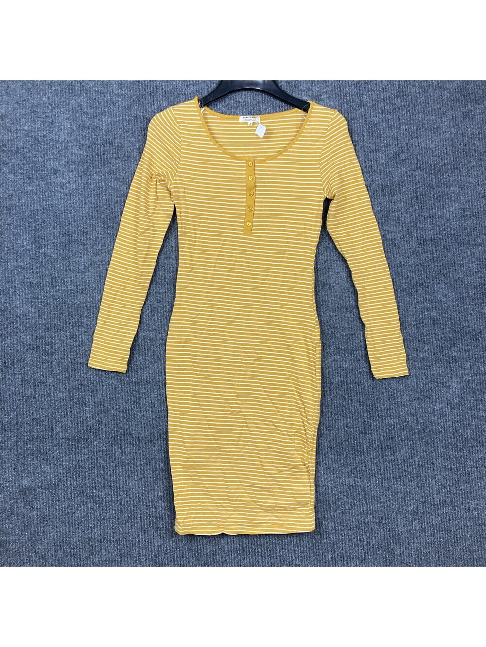 Heart & Hips Womens Small Mustard White Striped L/S Bodycon Scoop Neck Dress NWT